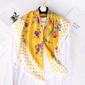 Yellow floral satin square silk scarf with polka dot borders for summer styling