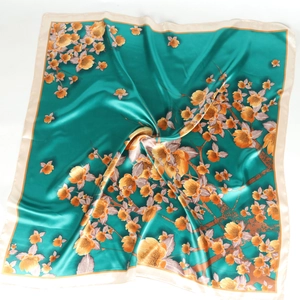 90cm square silk scarf with teal floral patterns and elegant satin finish