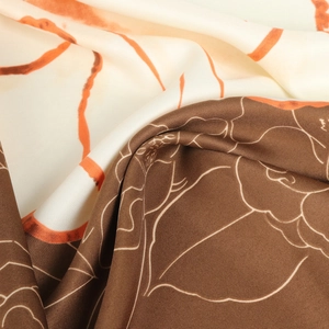 Elegant silk twill square scarf with camellia floral print in warm brown tones
