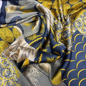 Elegant 70cm silk satin square scarf with artistic yellow and blue floral patterns