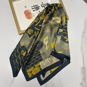 Elegant 70cm satin silk scarf with crane and pine patterns on navy blue background