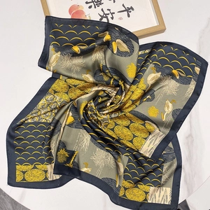 70cm satin square silk scarf featuring grey and yellow bird patterns for women
