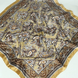 Champagne gold paisley satin square scarf with vintage floral patterns and silk texture
