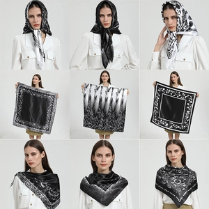 Großes Quadratisches Halstuch Schwarz Weiß Druck Satin Satinnimitat Elegant Geometrisch Paisley Retro Damen Kopftuch
