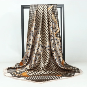 Houndstooth and paisley print satin scarf featuring vintage gold chain patterns