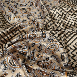 Champagne satin square scarf featuring paisley print and houndstooth pattern details