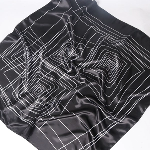 90cm geometric line print satin silk scarf with minimalist black and white spiral pattern