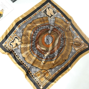 90cm vintage satin silk square scarf with luxury gold geometric print for women
