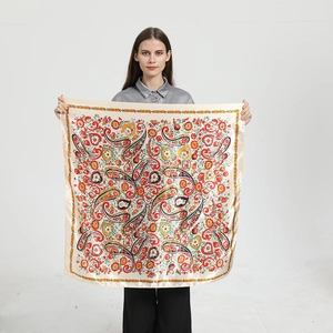Beige paisley print square silk scarf for women featuring intricate floral patterns
