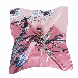 Square satin scarf featuring pink gradient with magpie and plum blossom prints