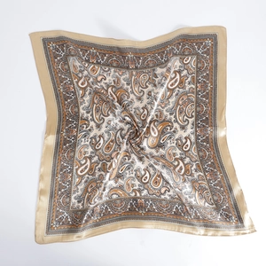 Golden brown paisley satin square scarf for women with elegant silk-like texture and finish