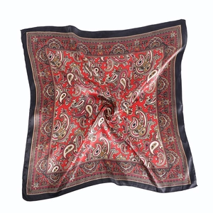 Red paisley satin square scarf with vintage cashew pattern and black border trim