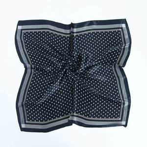 Navy blue satin square scarf with white polka dots and elegant striped border