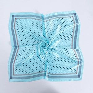 Light blue satin square scarf with black polka dots and elegant striped border