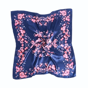 60cm navy blue floral satin square scarf with soft texture and pink flower pattern
