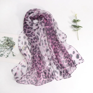 Close-up of leopard print chiffon scarf showing fine rolled edges and sheer fabric