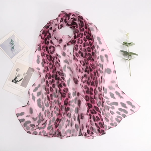 Elegant leopard print georgette silk scarf for women in soft pink and purple tones