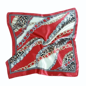 Red and beige leopard print chain satin square scarf with a glossy silk-like finish