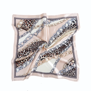 Champagne pink leopard and chain print 60cm square satin scarf for women's headwear