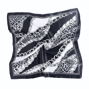 60cm leopard and chain print satin square scarf with elegant black and white silk texture