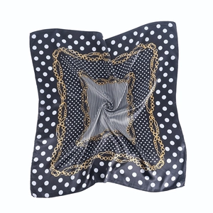 60cm black satin square scarf with white polka dots and gold chain print design