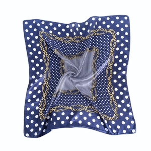 60cm silk satin scarf featuring navy blue polka dots and golden chain print patterns
