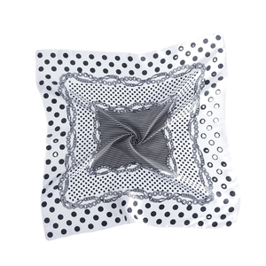 Polka dot and gold chain print 60cm square satin scarf in elegant black and white silk feel