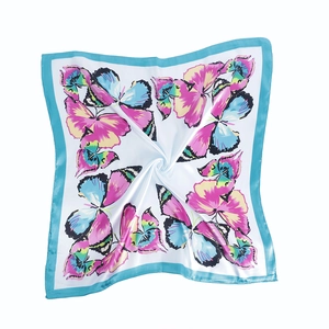 Elegant 60x60cm butterfly print satin silk scarf with blue border on white background