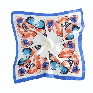 Elegant 60cm butterfly print satin square scarf with royal blue border on ivory white base