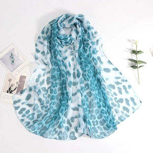 Close-up of lightweight leopard print georgette scarf in fresh blue-green and white tones