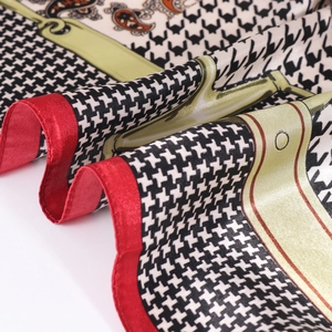 Golden paisley and houndstooth satin silk square scarf with vibrant red borders