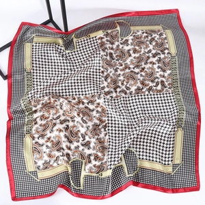 Elegant 90cm square satin scarf featuring paisley and houndstooth prints with red borders
