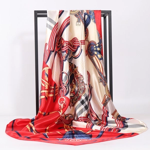 Satin Satin Like Square Scarf Equestrian Horse Bit Chain Print Retro Large Fashion Head Scarf Neck Wrap For Women