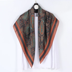 Vintage paisley print silk satin square scarf with contrast border and elegant teal design