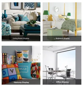 Detail showing various Nordic polyester cushion covers with modern geometric and typography art