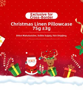 Detail view of red Christmas linen pillowcase showing 75g weight and reindeer design