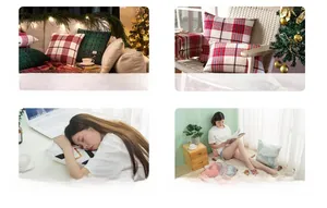 Modern Christmas pillow covers in red plaid and green tweed across various home scenes