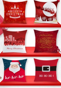 Detailed view of six red Christmas peach skin pillow covers with festive holiday patterns