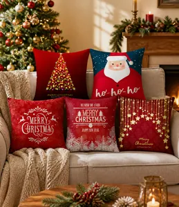 Detail of red Christmas peach skin pillowcases with festive Santa and tree patterns