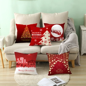 Set of five red Christmas peach skin pillow covers with reindeer and tree patterns