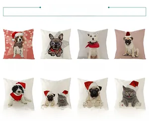 Selection of eight Christmas pillow covers featuring festive dogs and cats on polyester fabric