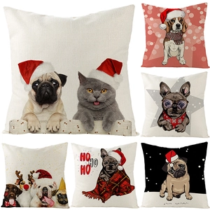 Christmas Pillowcase Linen Like Polyester Cushion Cover With Cartoon Dog Cat Print For Sofa Home Decor Holiday