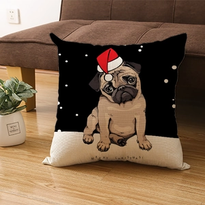 Nordic Christmas pug pillow cover with festive cartoon print on textured polyester fabric