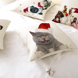 Nordic Christmas pillow covers with cartoon cat and dog prints on linen-style fabric