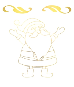 Close-up of golden Santa Claus line art print on white velvet pillowcase fabric