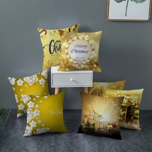 Golden Christmas peach skin pillow covers featuring snowflake patterns and festive motifs