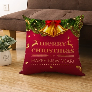 Red Christmas pillow cover with golden Merry Christmas text and reindeer for home decor