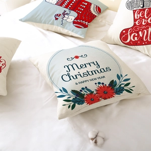Red Christmas pillow cover with snowman and stocking on soft cream polyester fabric