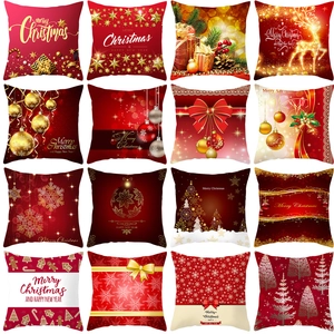 Taie d'Oreiller de Noël Velours Peau de Pêche Housse de Coussin Rouge Or Renne Flocon de Neige Décoration Maison