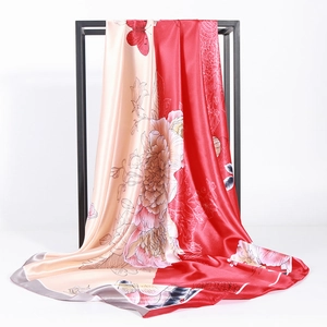 Elegant Satin Square Scarf Floral Butterfly Print Spliced Color Fashion Large Wrap Neck Kerchief For Women